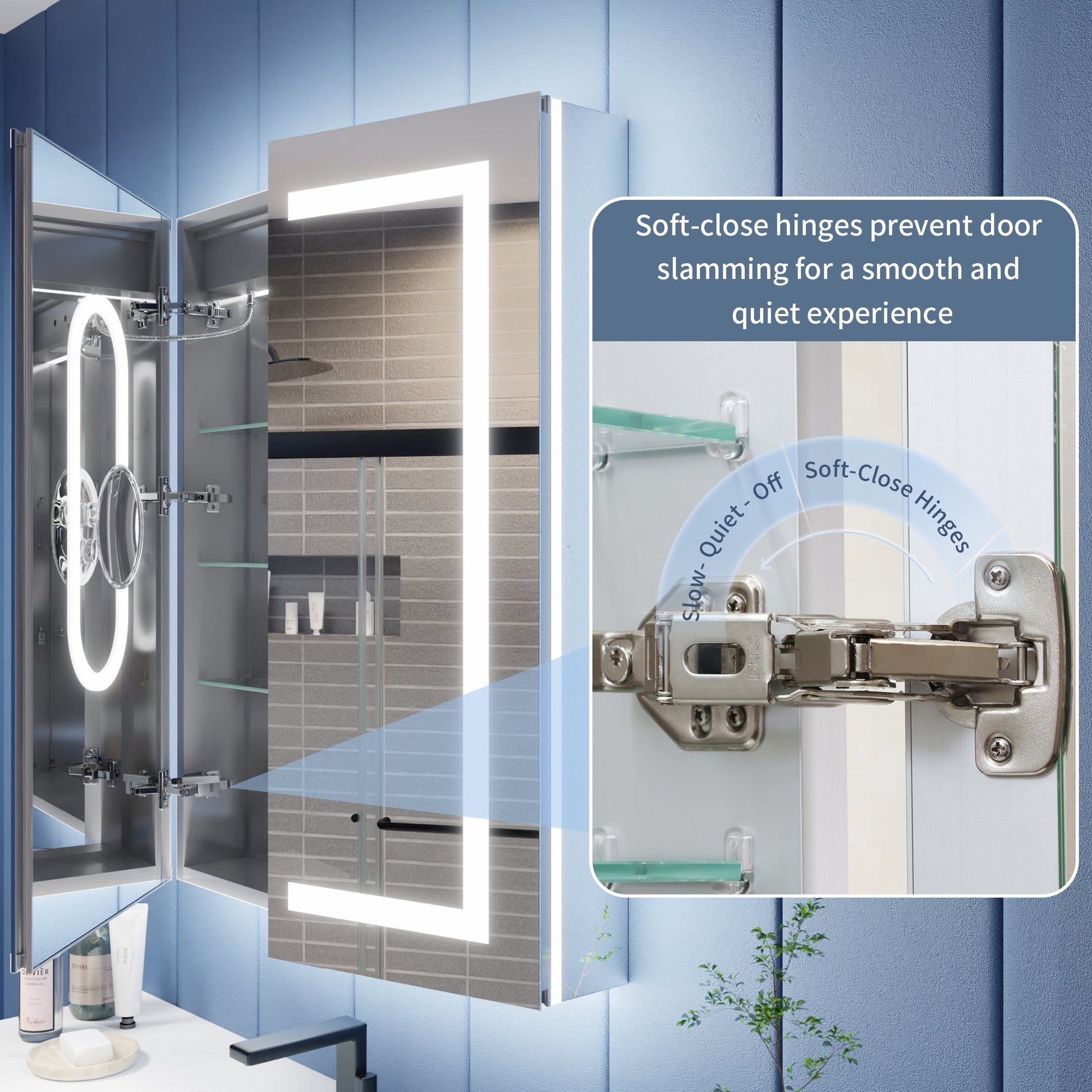 Bathroom with a large illuminated mirror and soft-close hinges on the door.