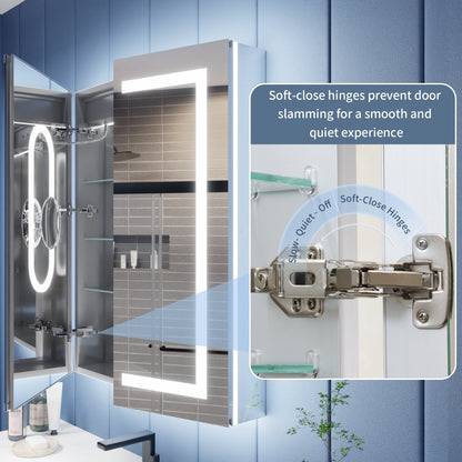 Bathroom with a large illuminated mirror and soft-close hinges on the door.