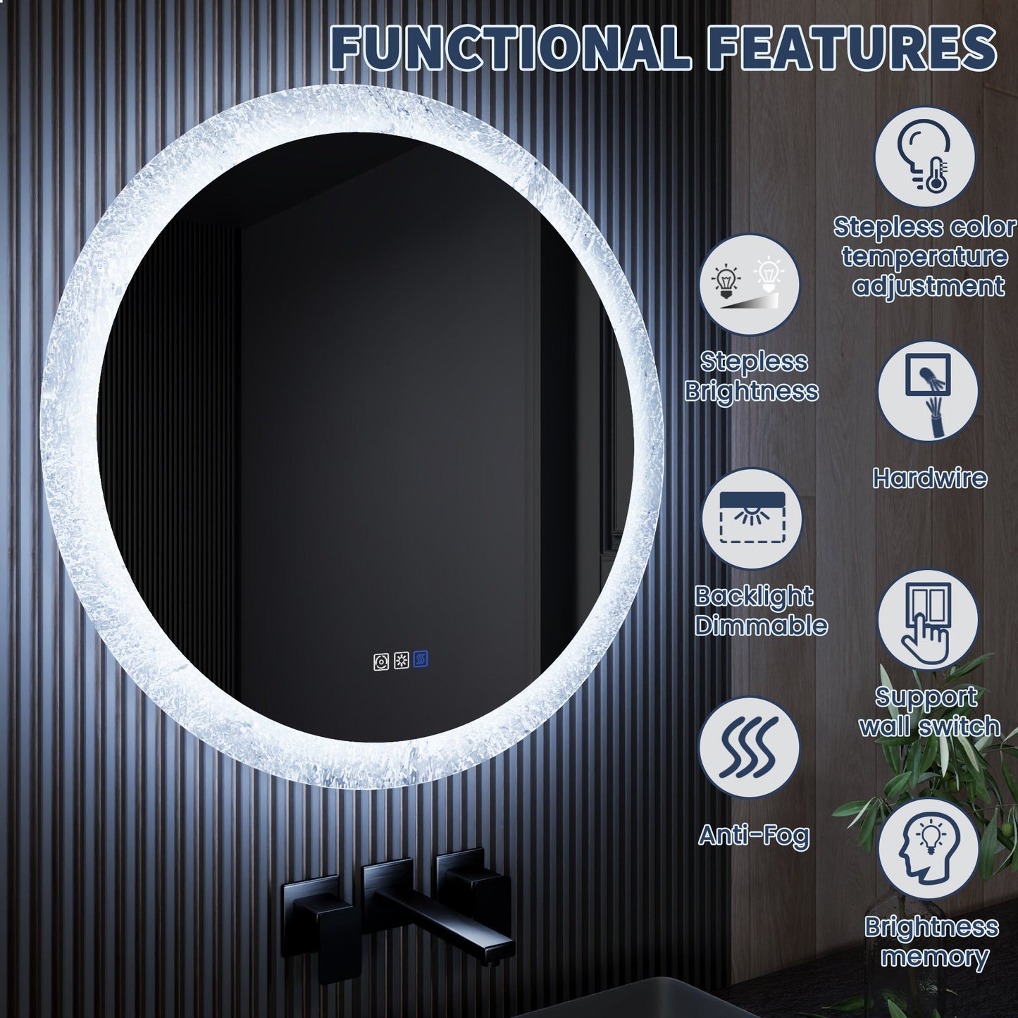 Glacy Series 30" x 30" Round LED Bathroom Mirror �C Ice Textures Edge, Smart Dimming, Defogger, ETL Certified - ExBriteUSA