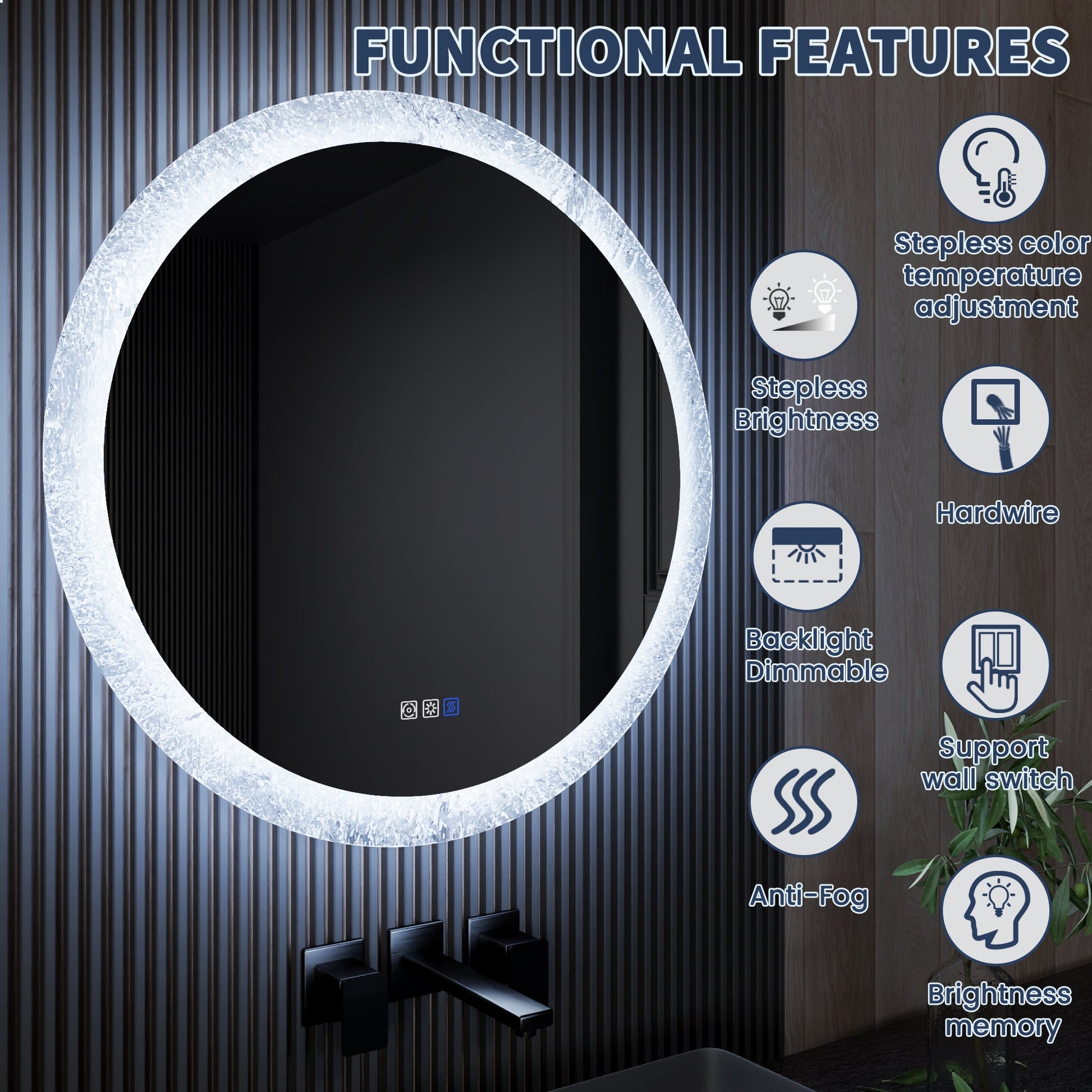 Glacy Series 30" x 30" Round LED Bathroom Mirror �C Ice Textures Edge, Smart Dimming, Defogger, ETL Certified - ExBriteUSA