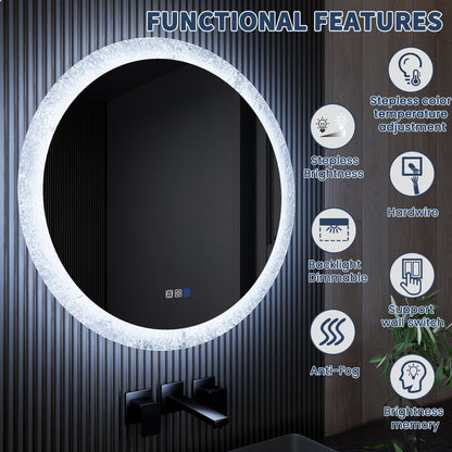 Glacy Series 30" x 30" Round LED Bathroom Mirror �C Ice Textures Edge, Smart Dimming, Defogger, ETL Certified - ExBriteUSA