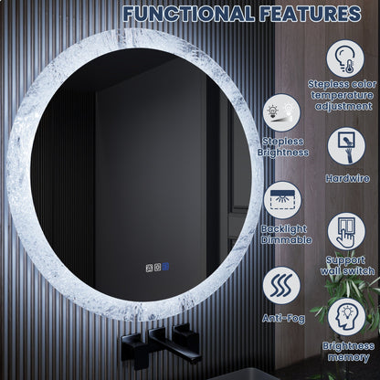 Glacy Series 36" x 36" Round LED Bathroom Mirror �C Ice Textures Edge, Smart Dimming, Defogger, ETL Certified - ExBriteUSA