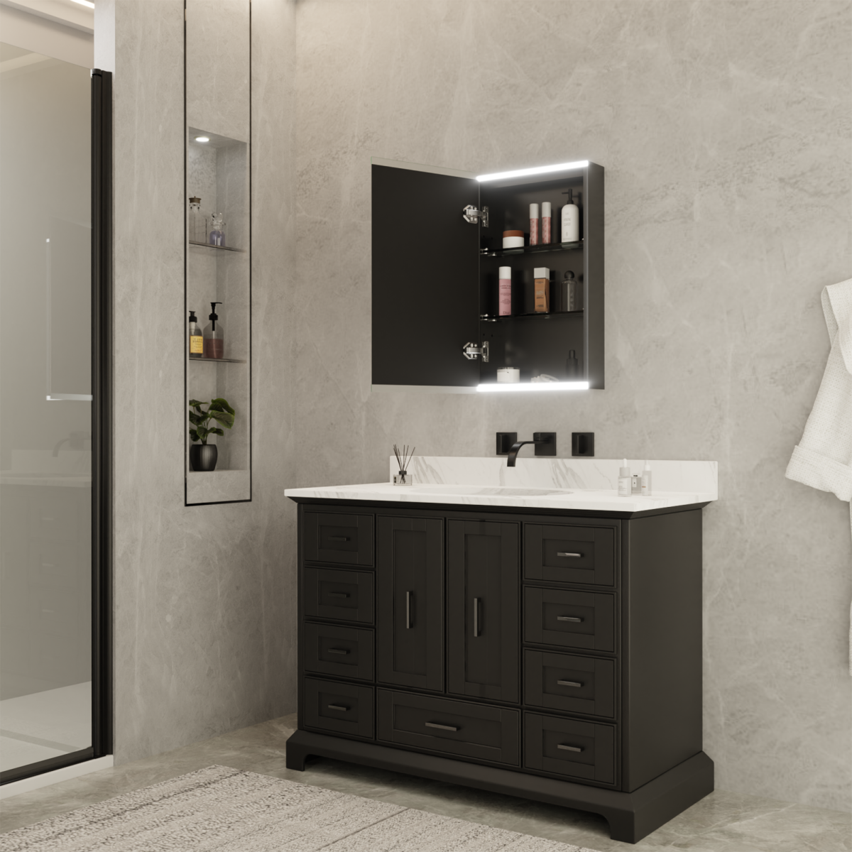 ExBrite 15 in. W x 26 in. H Medicine Cabinet,for surface mounting,Aluminum alloy matte black,single color temperature 5000K - ExBriteUSA