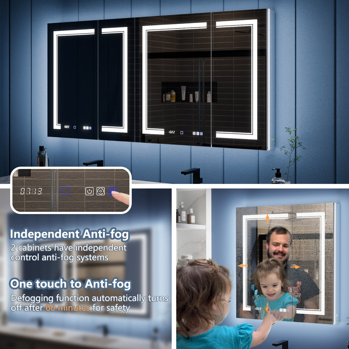 Illusion-B 66" x 32" LED Lighted Inset Mirrored Medicine Cabinet with Magnifiers Front and Back Light - ExBriteUSA