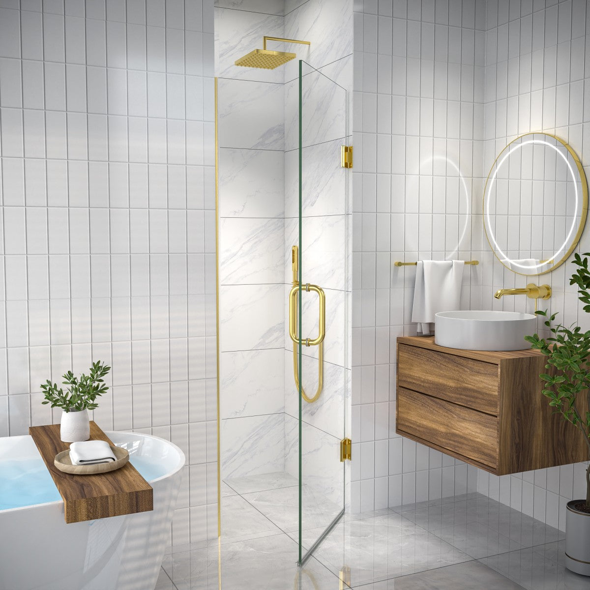 Valor 24"x72" Frameless Shower Door in Brush Gold,Water Repellent Glass with Seal Strip Parts and Handle,Glass Hinged Shower Door