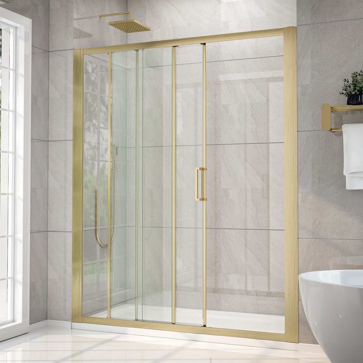 Nexus 56-60W x 70.H Easy Clean Framed Tri-Fold Sliding Shower Door with 1/4" (6mm) Clear SGCC Tempered Glass,Brushed Golde Finish