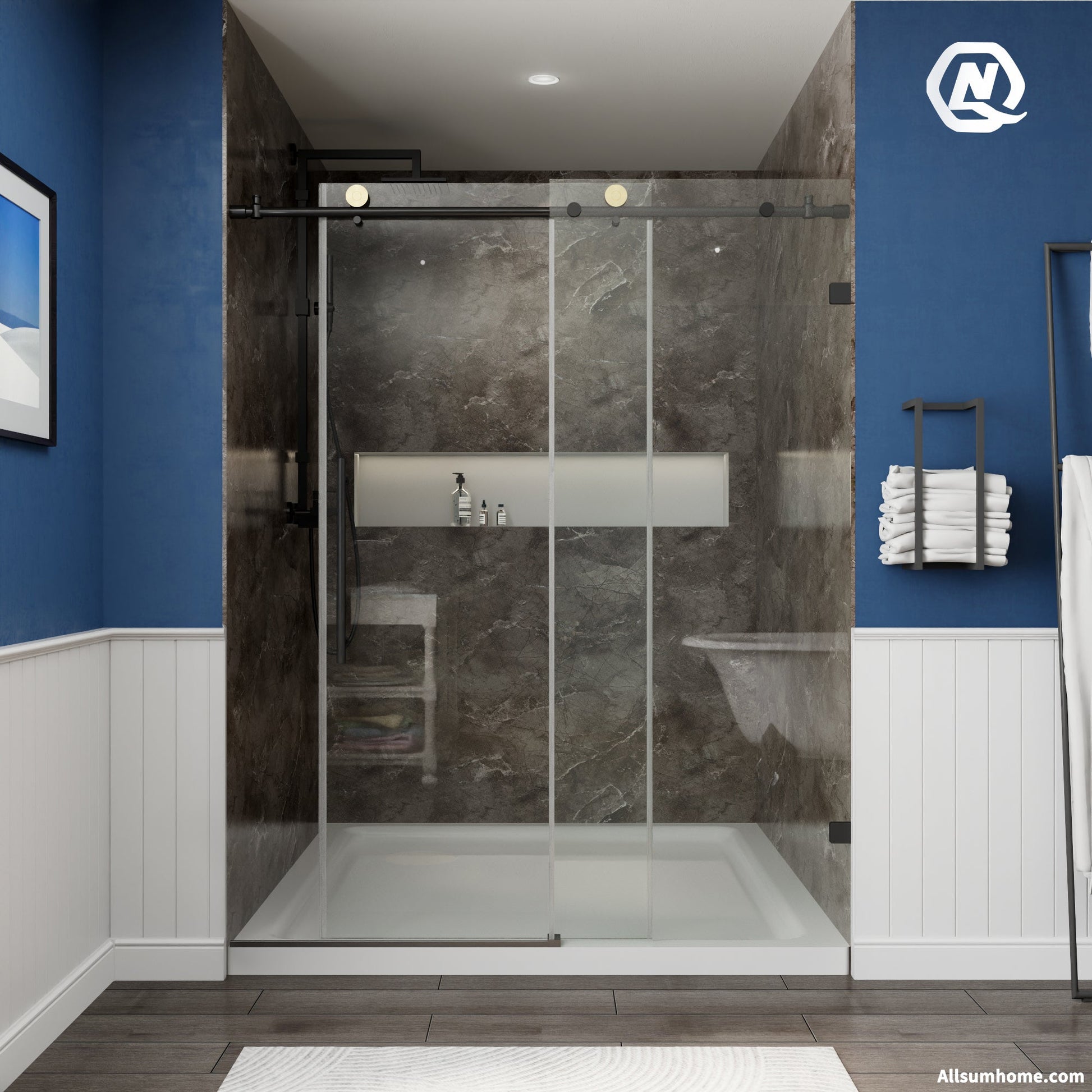 Anchor 56"-60" Width x 74" Height Frameless Sliding Shower Door,Clear Tempered Glass,Matte Black,Smooth Door Closing,Vertical Handle - ExBriteUSA