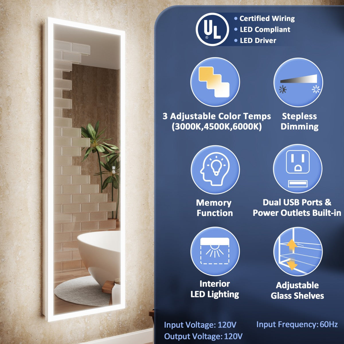 Allsum 16-1/8" x 70-1/8" Full Length Lighted Frameless Single Door Medicine Cabinet