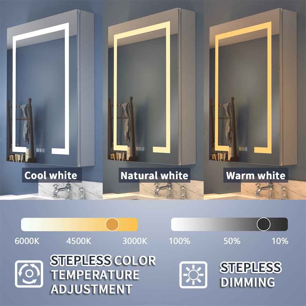 Boost-M1 24" W x 30" H Light Medicine Cabinet Recessed or Surface Mount Aluminum Adjustable Shelves Vanity Mirror Cabinet,Hinge on the Right
