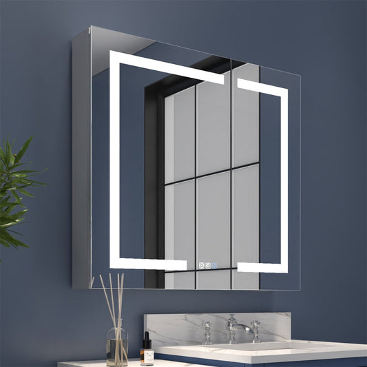 Boost-M1 32" x 30" light medicine cabinet with backlit mirror, dimmable LED, and adjustable shelves.