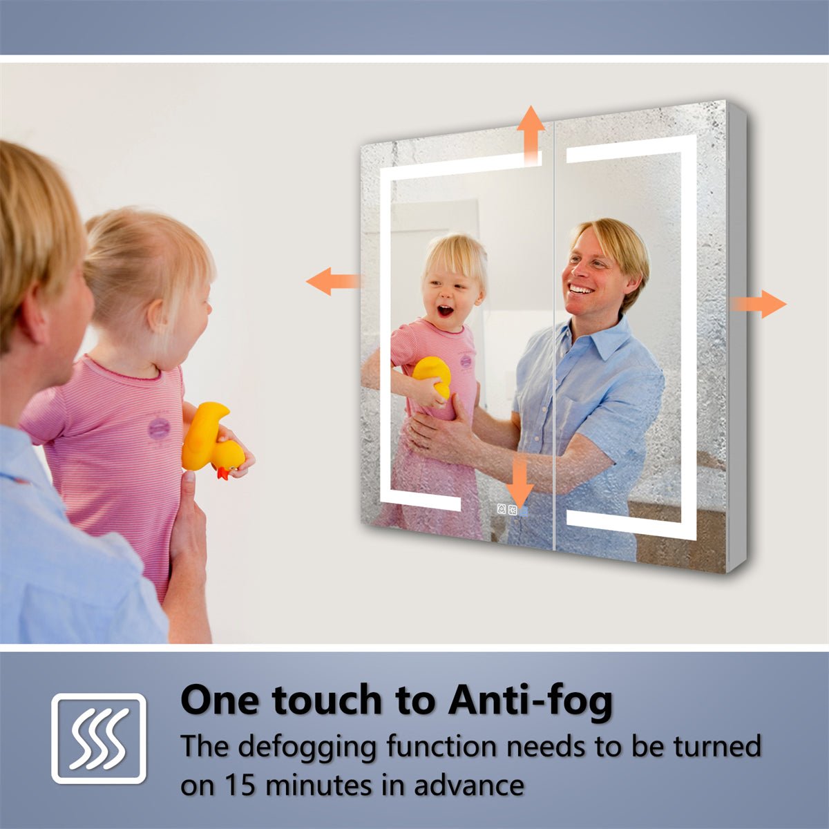 Boost-M1 32" x 30" light medicine cabinet with anti-fog backlit mirror, aluminum adjustable shelves, and recessed or surface mount options.