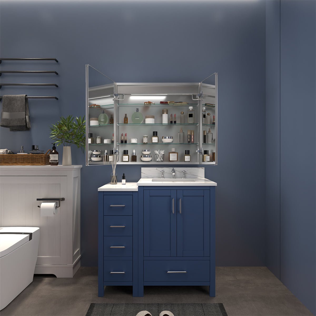 Boost-M1 32" x 30" light medicine cabinet with adjustable shelves and backlit mirror in bathroom.