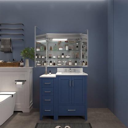 Boost-M1 32" x 30" light medicine cabinet with adjustable shelves and backlit mirror in bathroom.