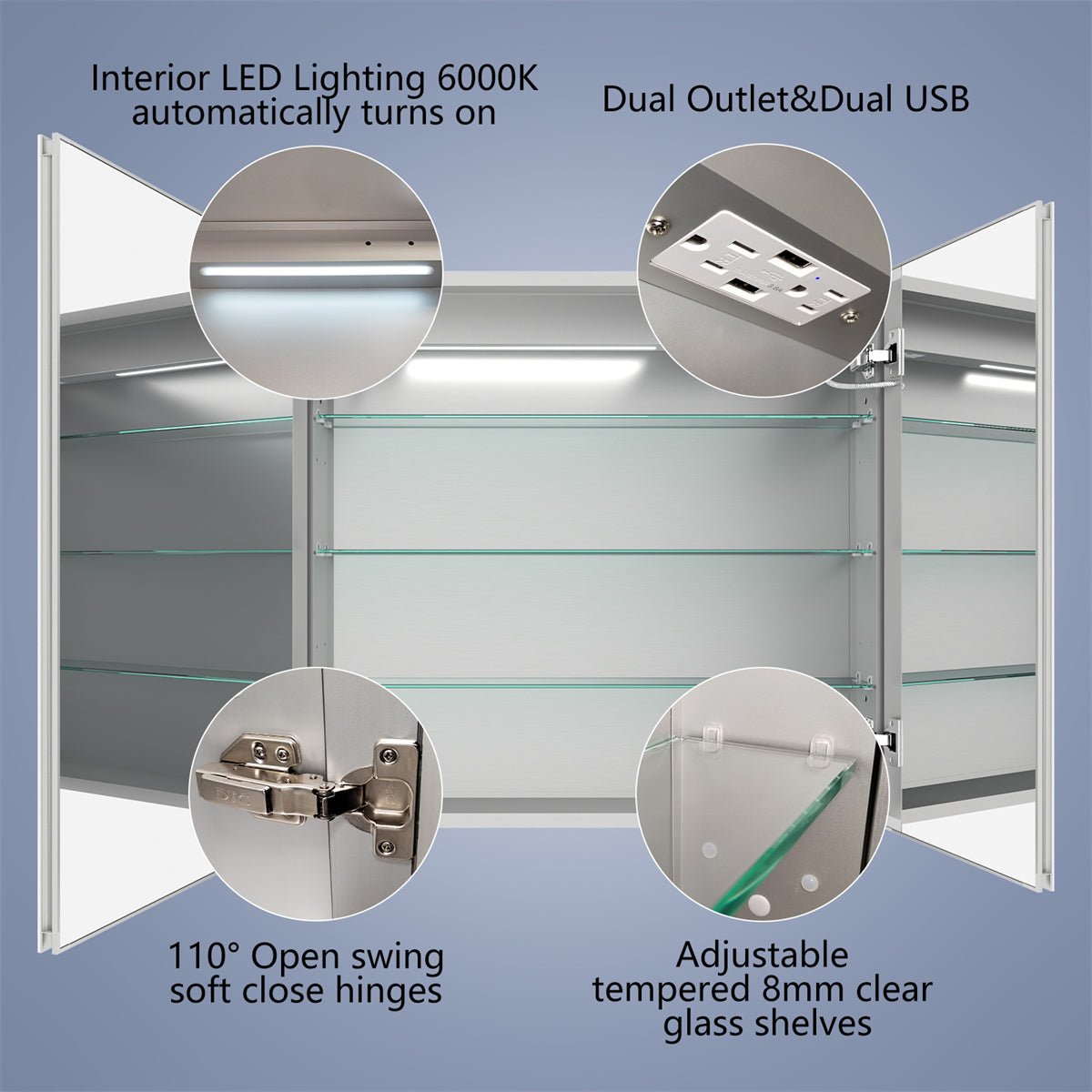 Boost-M1 32" x 30" light medicine cabinet with interior LED lighting, dual outlets, adjustable glass shelves, and soft-close hinges.