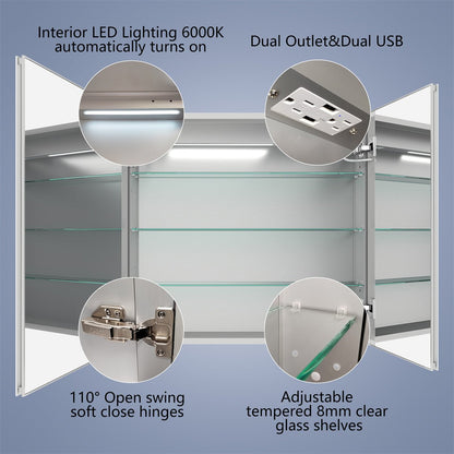 Boost-M1 32" x 30" light medicine cabinet with interior LED lighting, dual outlets, adjustable glass shelves, and soft-close hinges.