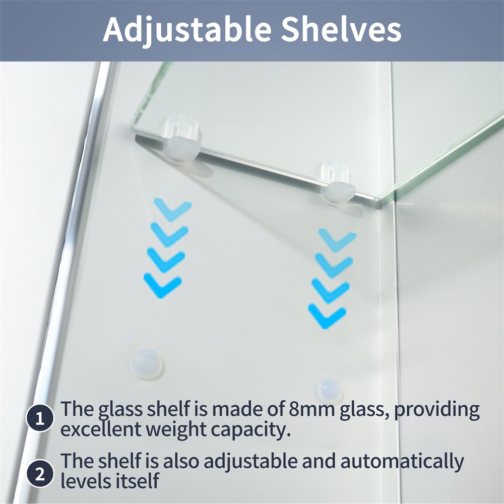 Adjustable shelves on Boost-M1 32" x 30" light medicine cabinet with aluminum framing and tempered glass.