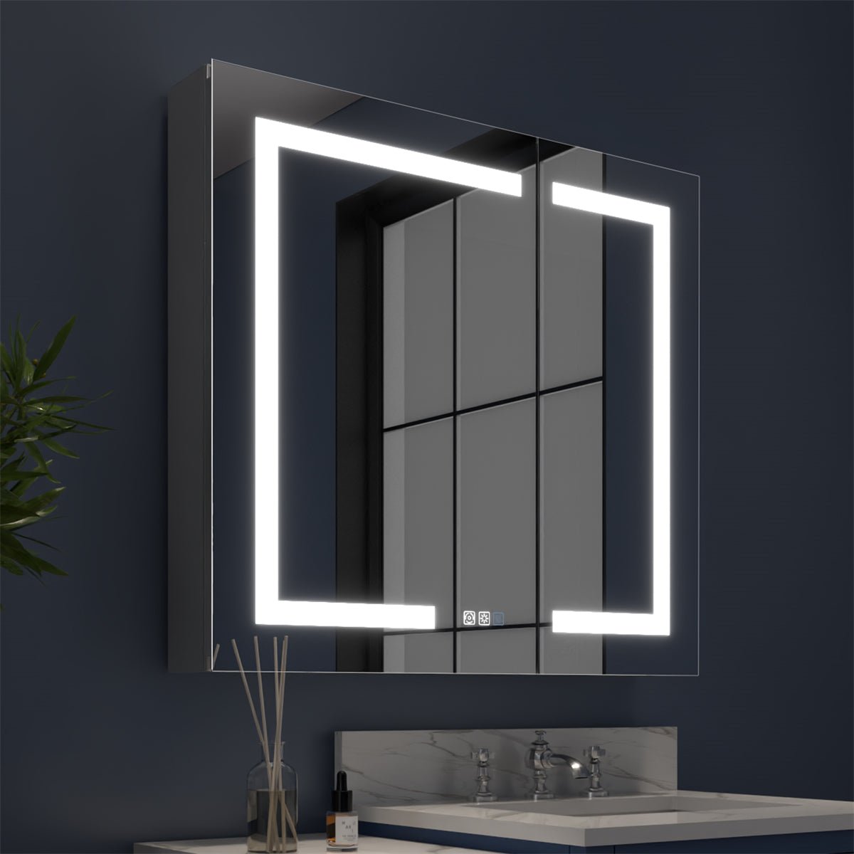 Boost-M1 32" x 30" lighted medicine cabinet with adjustable shelves and backlit mirror.