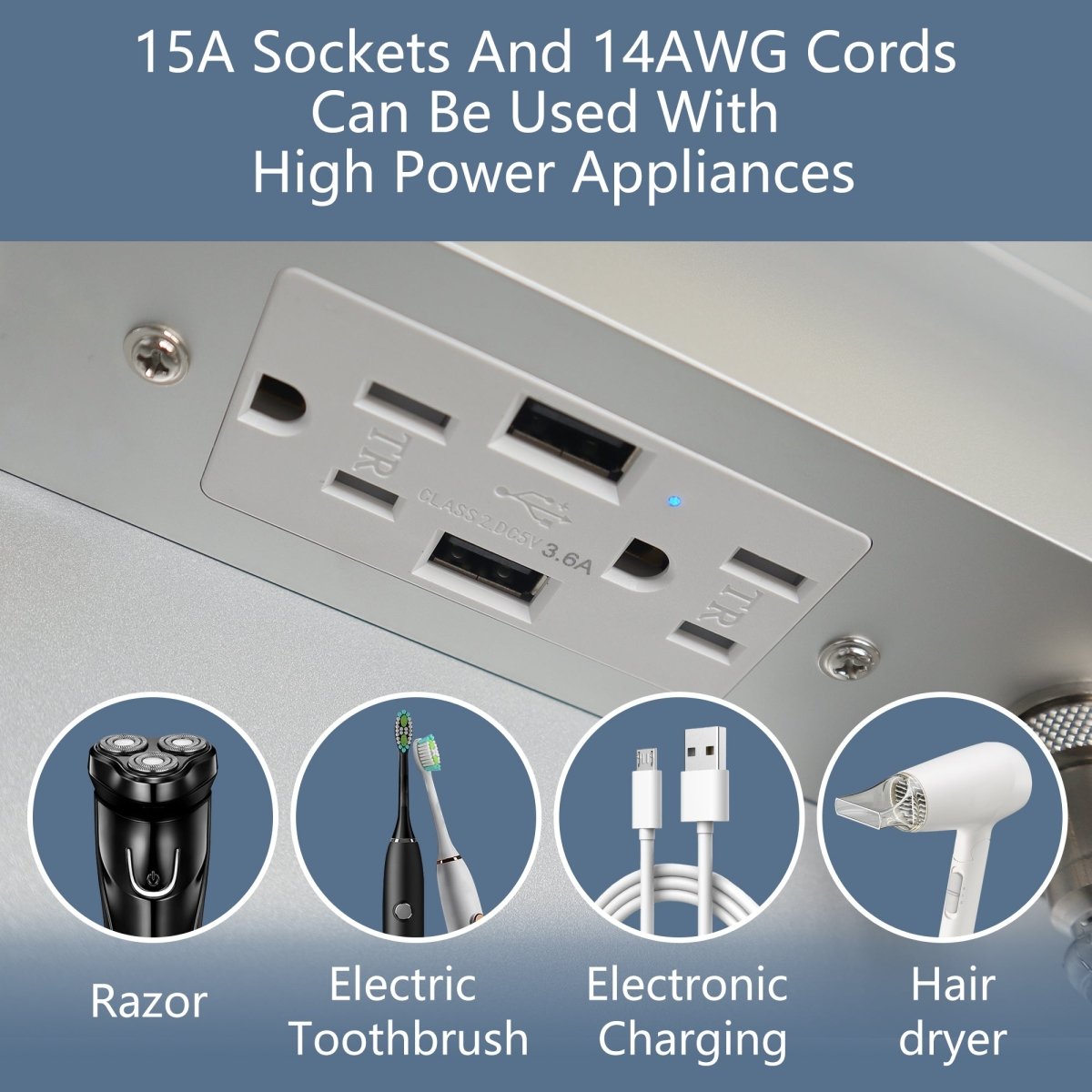 Boost-M1 medicine cabinet outlets for high-power appliances like razors, toothbrushes, and hair dryers.