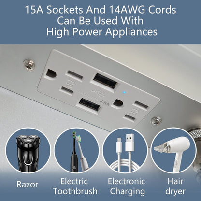 Boost-M1 medicine cabinet outlets for high-power appliances like razors, toothbrushes, and hair dryers.