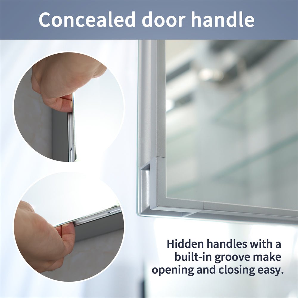 Concealed door handle with hidden grooves on the Boost-M1 72" W x 30" H LED lighted medicine cabinet, highlighting easy opening and closing feature.