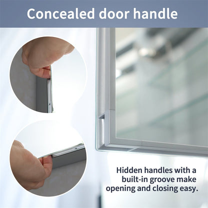 Concealed door handle with hidden grooves on the Boost-M1 72" W x 30" H LED lighted medicine cabinet, highlighting easy opening and closing feature.