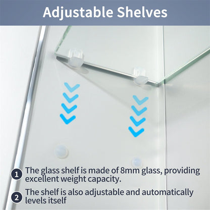 Adjustable glass shelves in Boost-M1 72" x 30" LED lighted medicine cabinet showing weight capacity and leveling features.