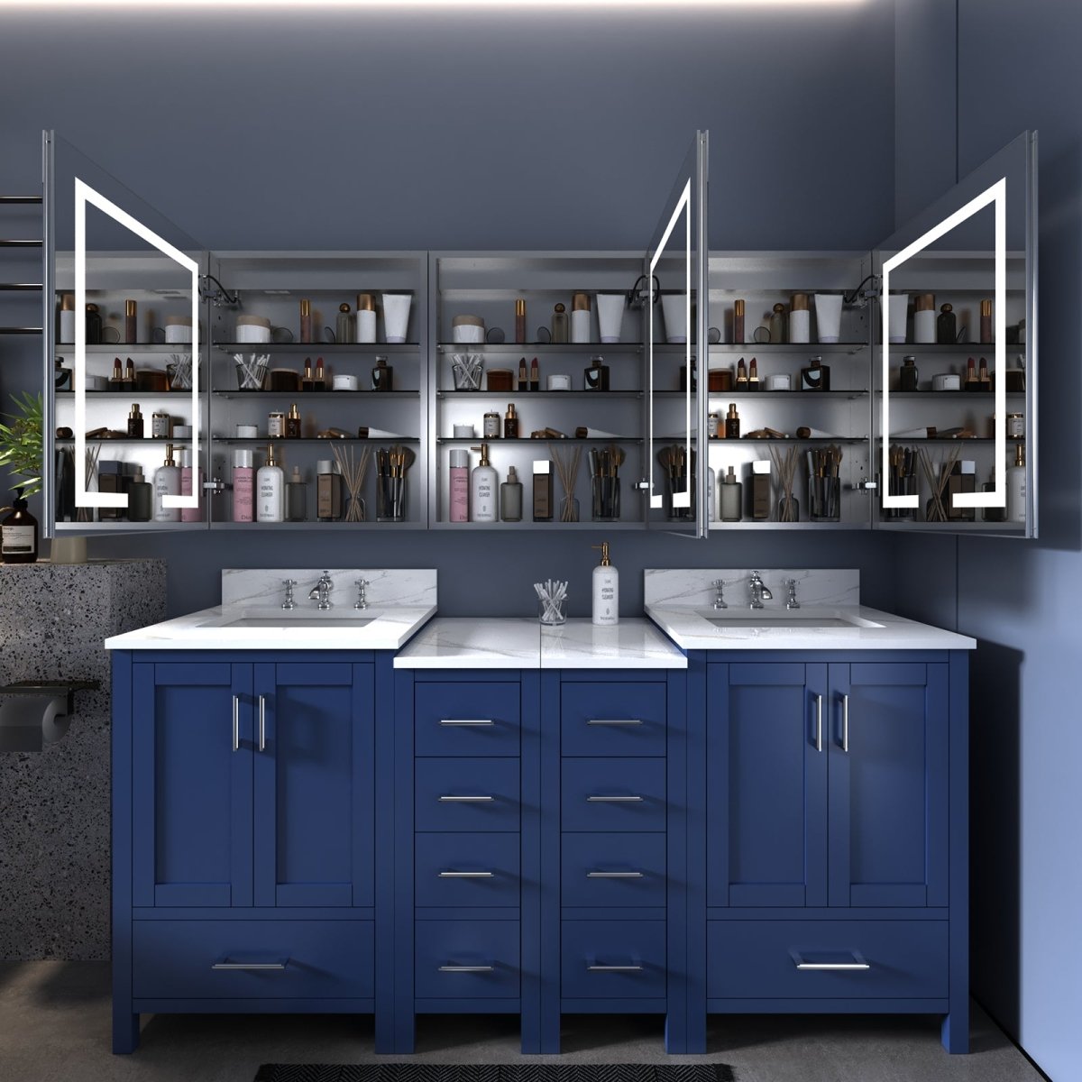 Boost-M1 72" x 30" LED Lighted Medicine Cabinet with Mirror and Adjustable Shelves in Modern Bathroom Setting.