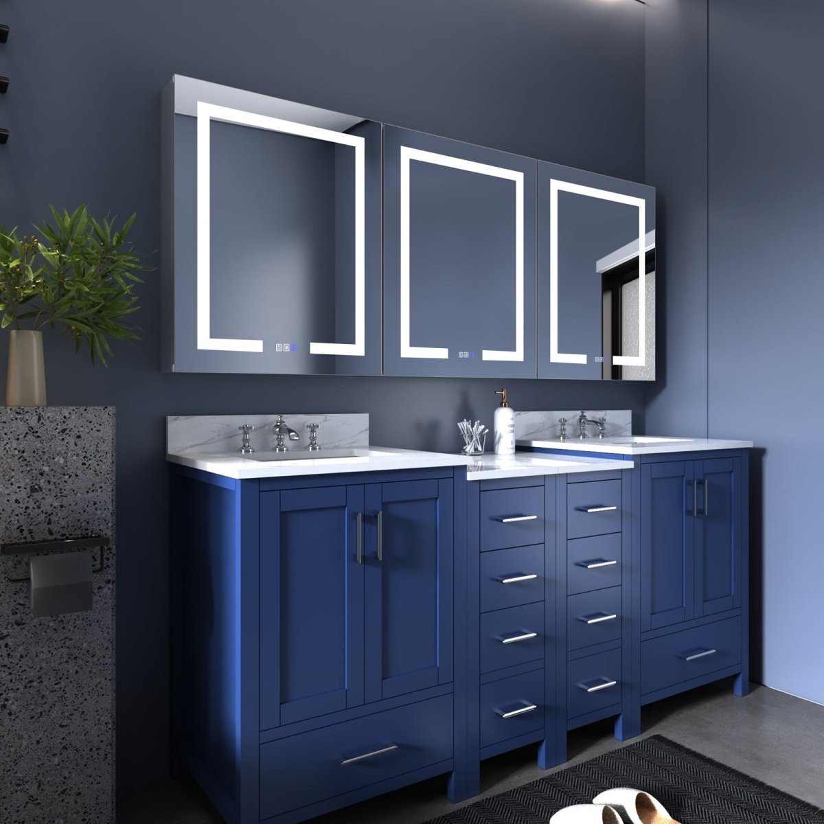 Boost-M1 72" x 30" LED lighted medicine cabinet with backlit mirror in modern bathroom setting.