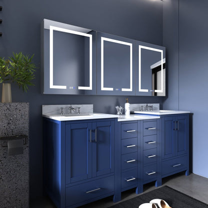 Boost-M1 72" x 30" LED lighted medicine cabinet with backlit mirror in modern bathroom setting.