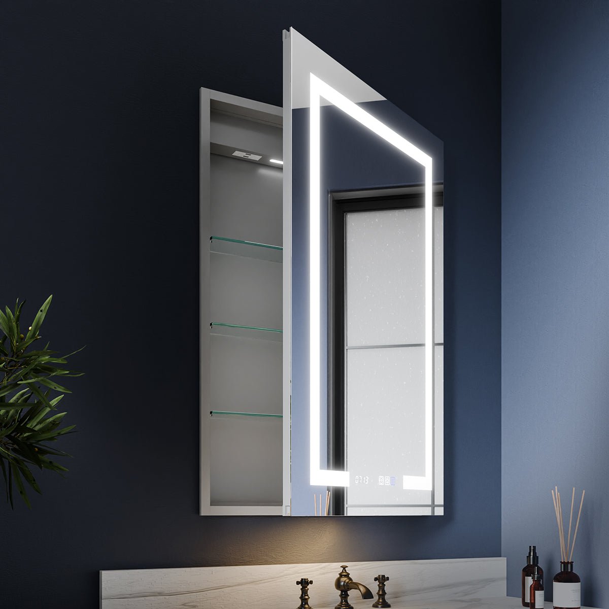 Boost - M2 24" W x 36" H LED Lighted Bathroom Medicine Cabinet with Mirror and Clock, Right Hinge