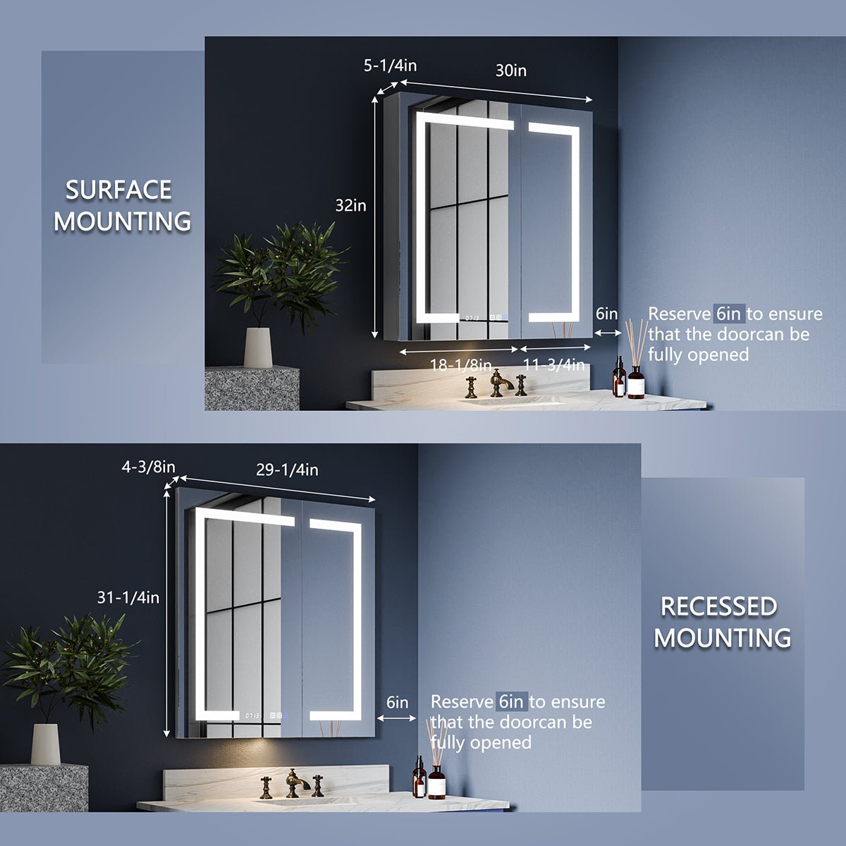 Boost - M2 30" W x 32" H Bathroom Light Medicine Cabinets Recessed or Surface Defogger, Dimmer, Clock，Outlets & USB