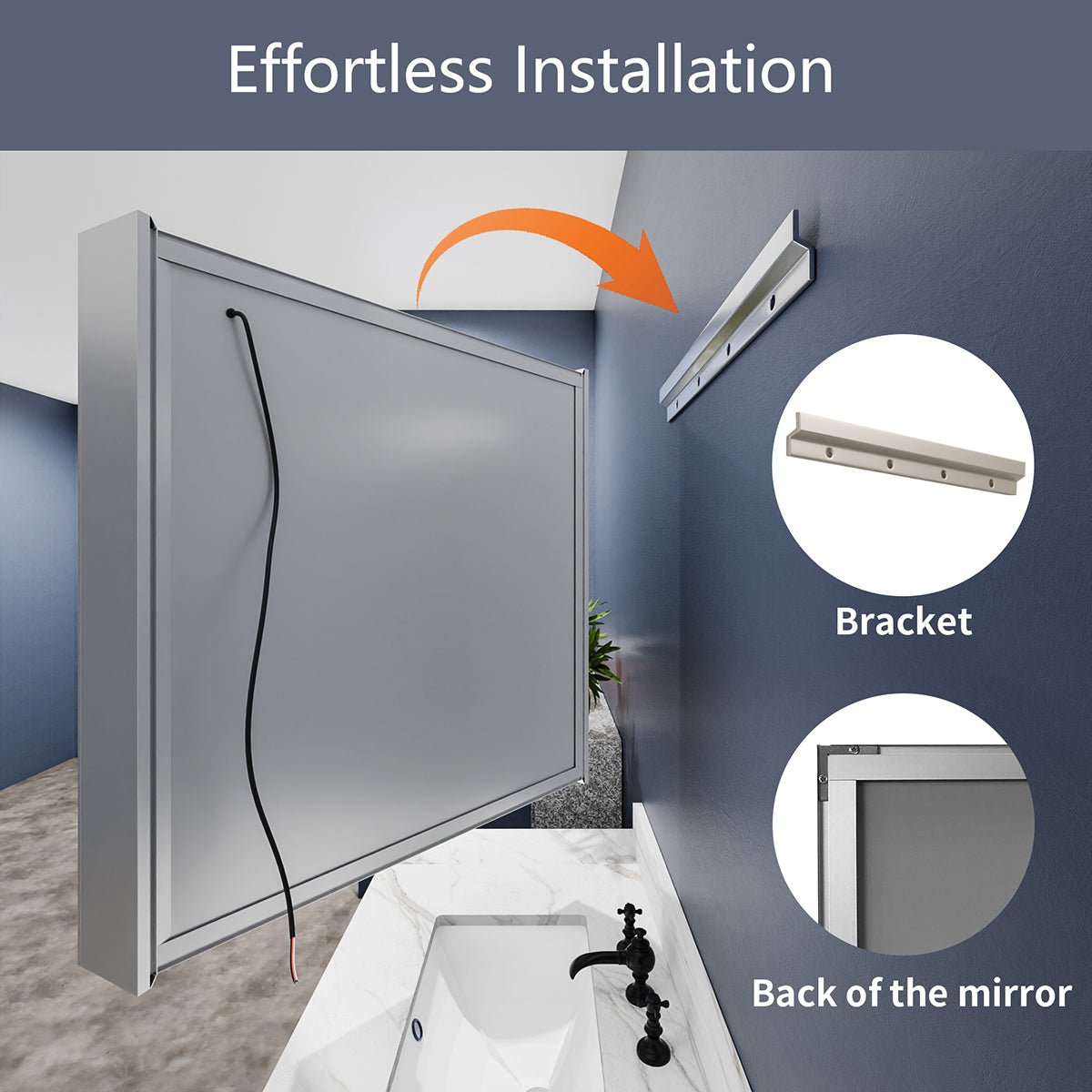 Boost-M2 LED lighted bathroom medicine cabinet installation process with wall bracket and mirror back view.