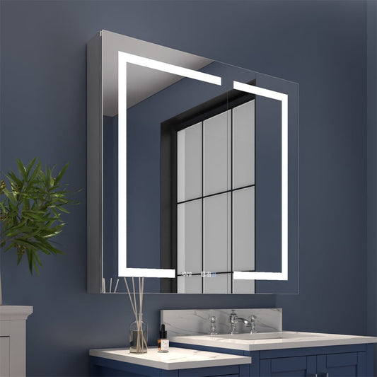 Boost-M2 36" x 36" bathroom light medicine cabinet with vanity mirror, recessed or surface mount, featuring LED lighting, defogging, and digital display.