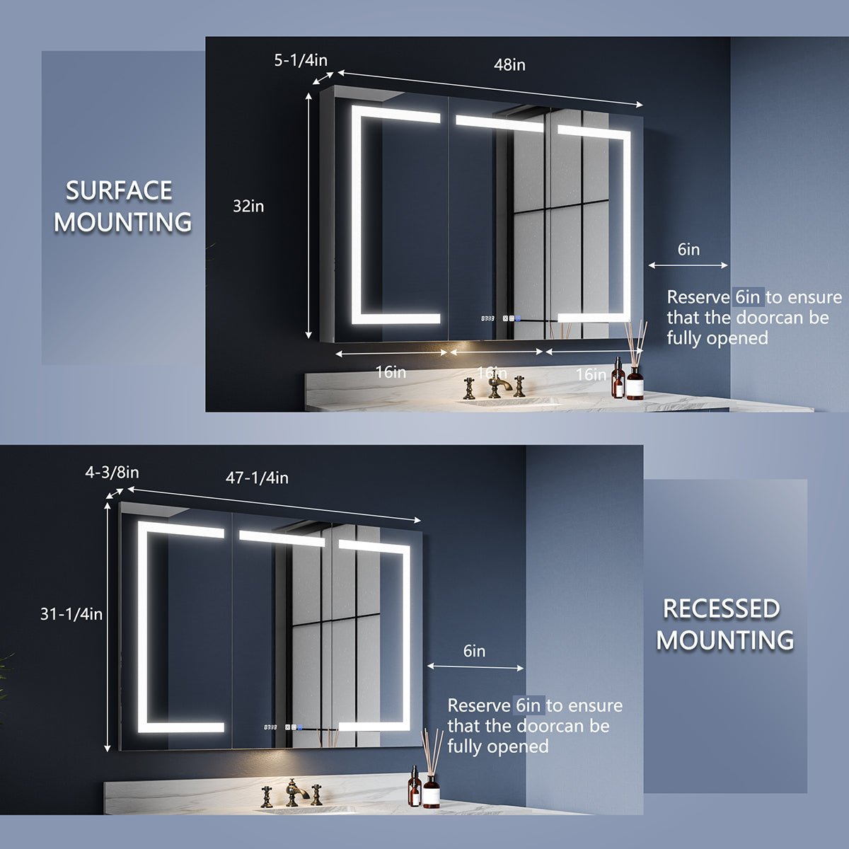 Boost - M2 48" W x 32" H LED Lighted Bathroom Medicine Cabinet with Mirror Recessed or Surface led Medicine Cabinet