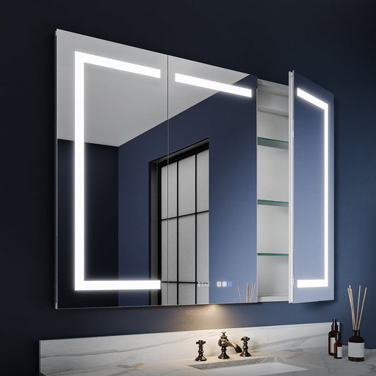 Boost-M2 48" x 36" bathroom light medicine cabinet with vanity mirror, featuring recessed or surface installation, LED lighting, and mirrored shelves.