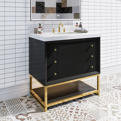 Brillare - W 36" LED Bath Vanity With Sink,Cultured Marble Top,Black,Solid Oak Build,Soft - Close,8 in faucet holes
