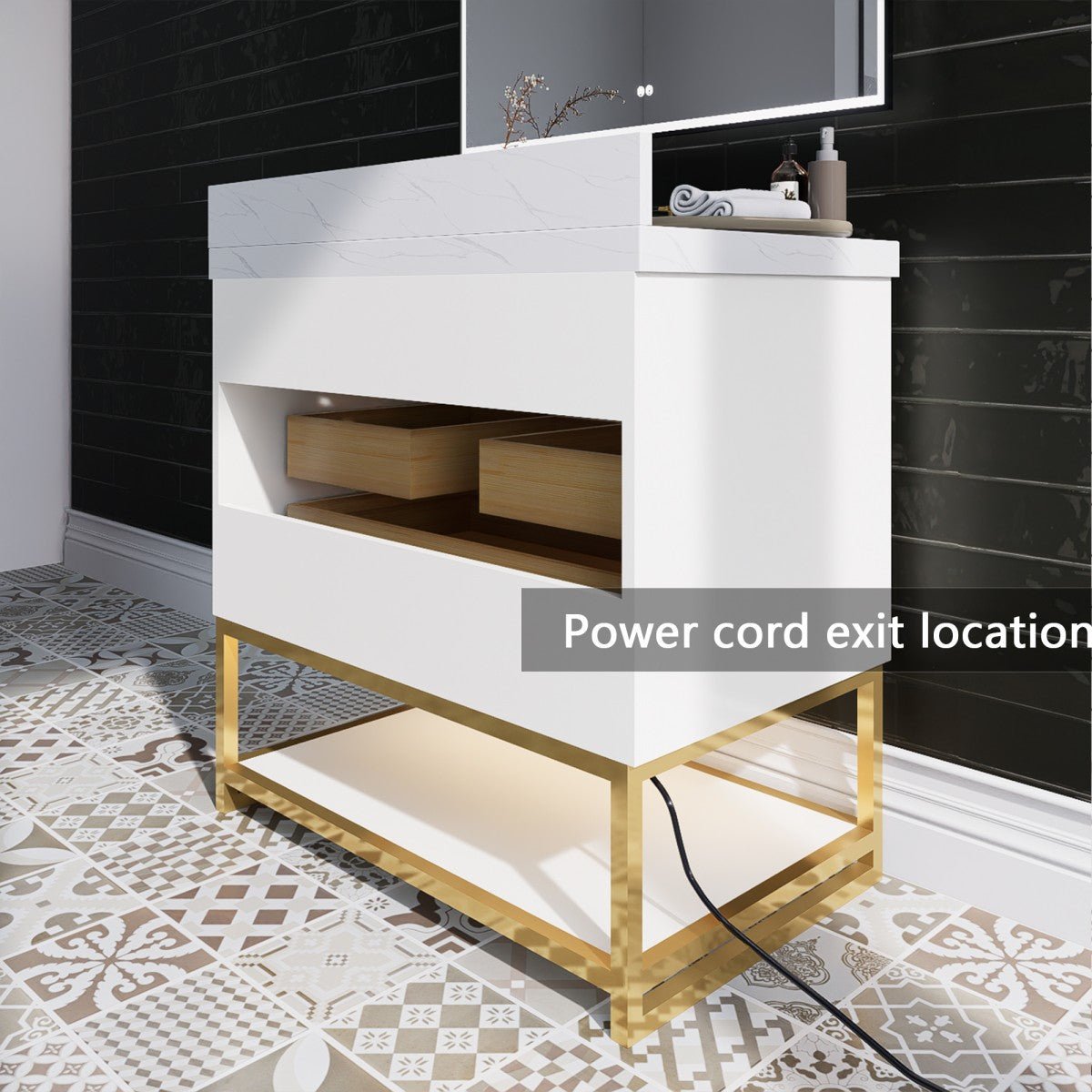 Brillare - W 36" LED Bath Vanity With Sink,Cultured Marble Top,White,Solid Oak Build,Soft - Close,8 in faucet holes