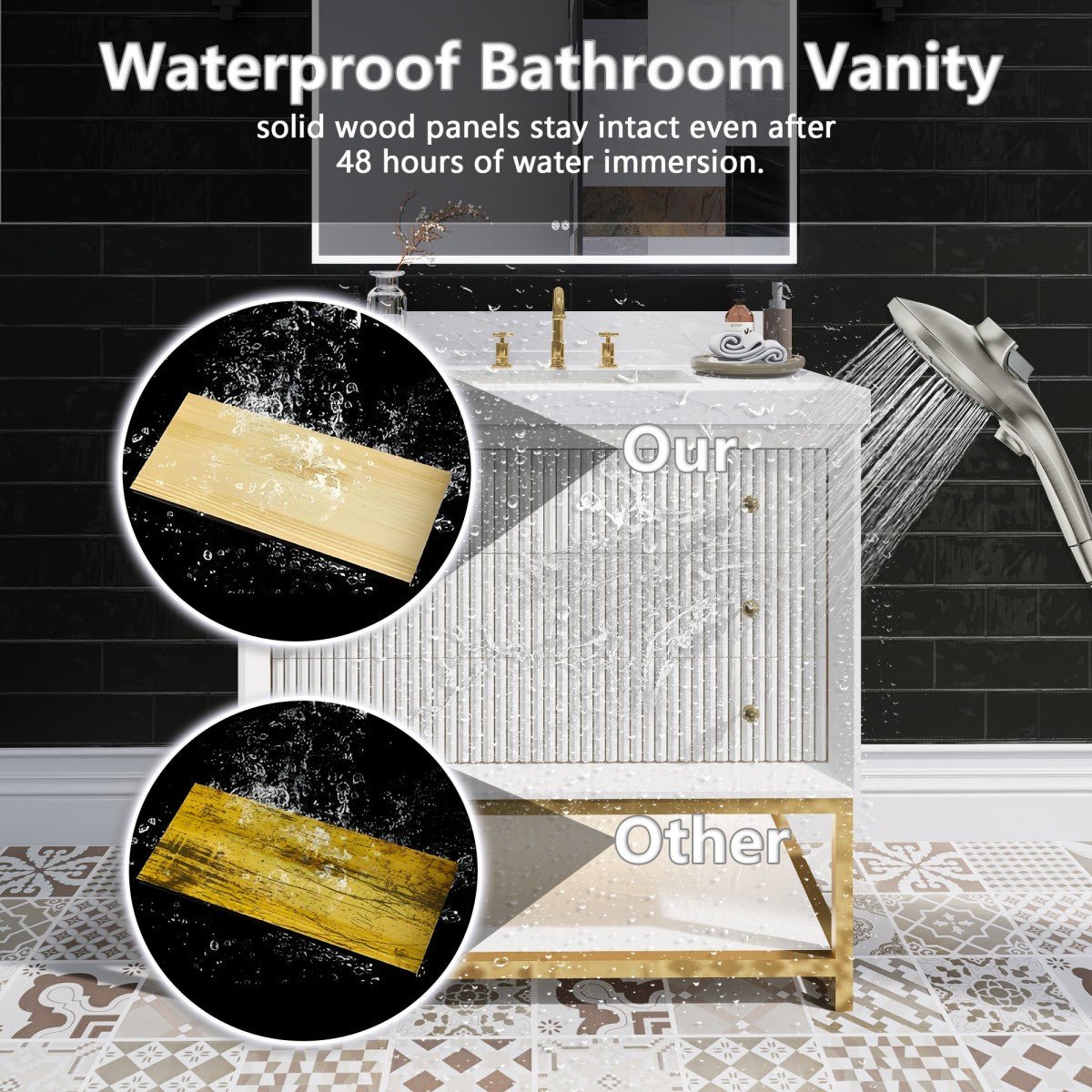 Brillare - W 36" LED Bath Vanity With Sink,Cultured Marble Top,White,Solid Oak Build,Soft - Close,8 in faucet holes