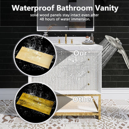 Brillare - W 36" LED Bath Vanity With Sink,Cultured Marble Top,White,Solid Oak Build,Soft - Close,8 in faucet holes