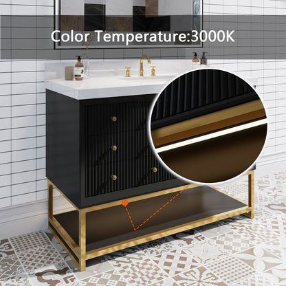 Brillare - W 48" LED Bath Vanity With Sink,Cultured Marble Top,Black,Solid Oak Build,Soft - Close,8 in faucet holes