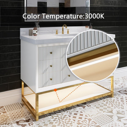 Brillare - W 48" LED Bath Vanity With Sink,Cultured Marble Top,White,Solid Oak Build,Soft - Close,8 in faucet holes