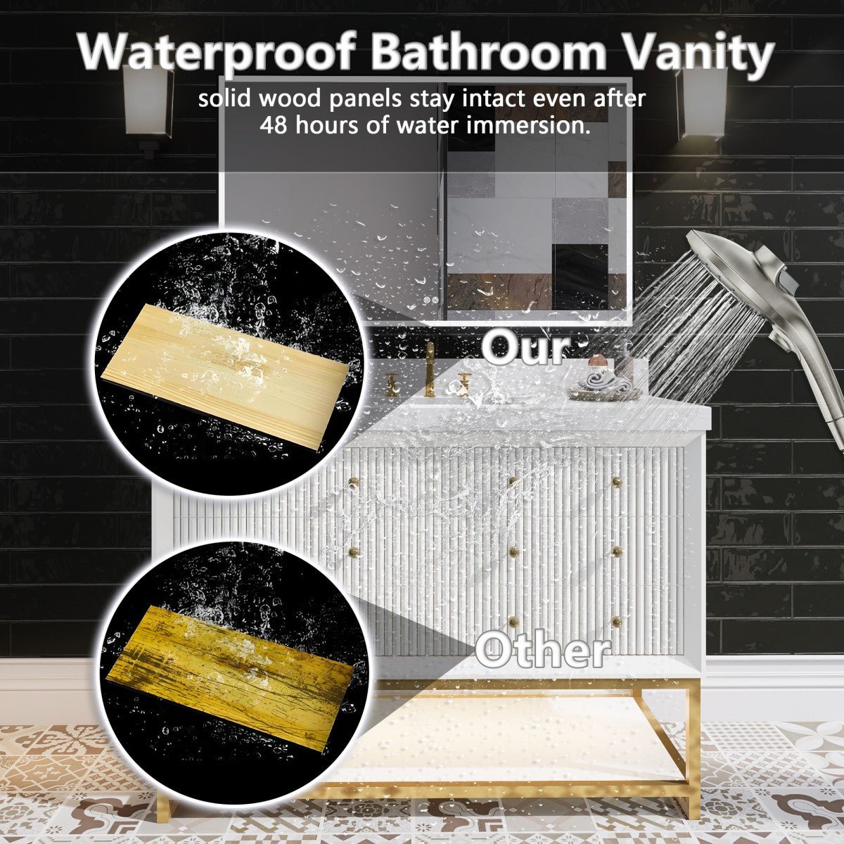 Brillare - W 48" LED Bath Vanity With Sink,Cultured Marble Top,White,Solid Oak Build,Soft - Close,8 in faucet holes