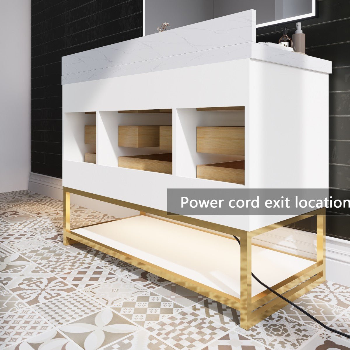 Brillare - W 48" LED Bath Vanity With Sink,Cultured Marble Top,White,Solid Oak Build,Soft - Close,8 in faucet holes