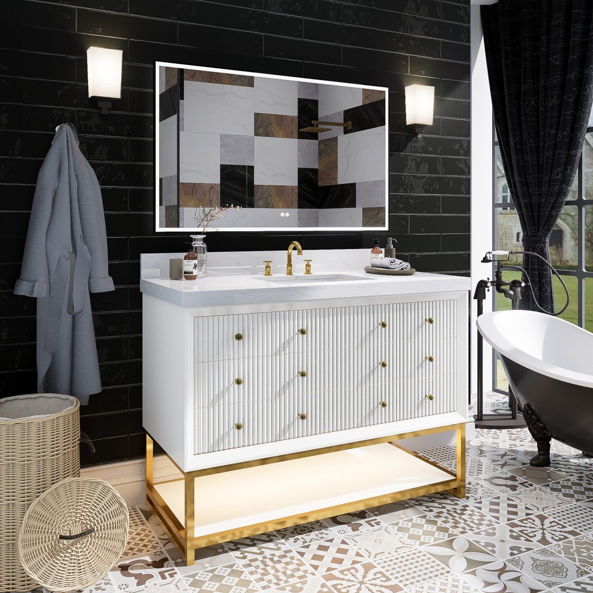 Brillare - W 48" LED Bath Vanity With Sink,Cultured Marble Top,White,Solid Oak Build,Soft - Close,8 in faucet holes