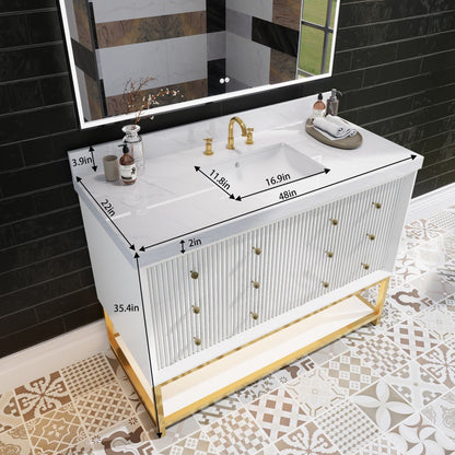 Brillare - W 48" LED Bath Vanity With Sink,Cultured Marble Top,White,Solid Oak Build,Soft - Close,8 in faucet holes