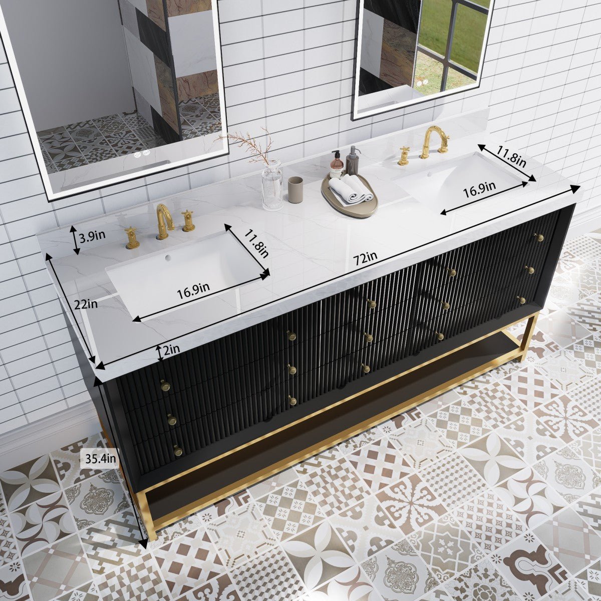Brillare - W 72" LED Bath Vanity With Sink,Cultured Marble Top,Black,Solid Oak Build,Soft - Close,8 in faucet holes