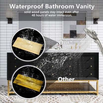 Brillare - W 72" LED Bath Vanity With Sink,Cultured Marble Top,Black,Solid Oak Build,Soft - Close,8 in faucet holes