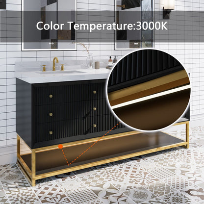 Brillare - W 72" LED Bath Vanity With Sink,Cultured Marble Top,Black,Solid Oak Build,Soft - Close,8 in faucet holes