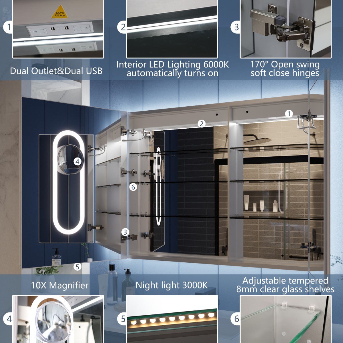 Illusion 40" x 32" LED Medicine Cabinet with Lights, Magnifiers Front and Back Light