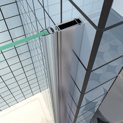 Exbrite Adapt Bifold Shower Door with brushed nickel finish and tempered glass, showcasing pivot swing mechanism and modern design.
